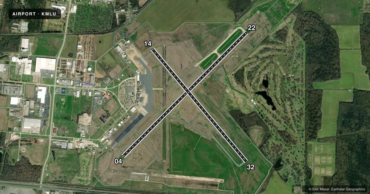Top-down satellite sketch of KMLU MONROE RGNL in MONROE, LOUISIANA, showing runways 04/22, 14/32 drawn to scale over Esri World Imagery
