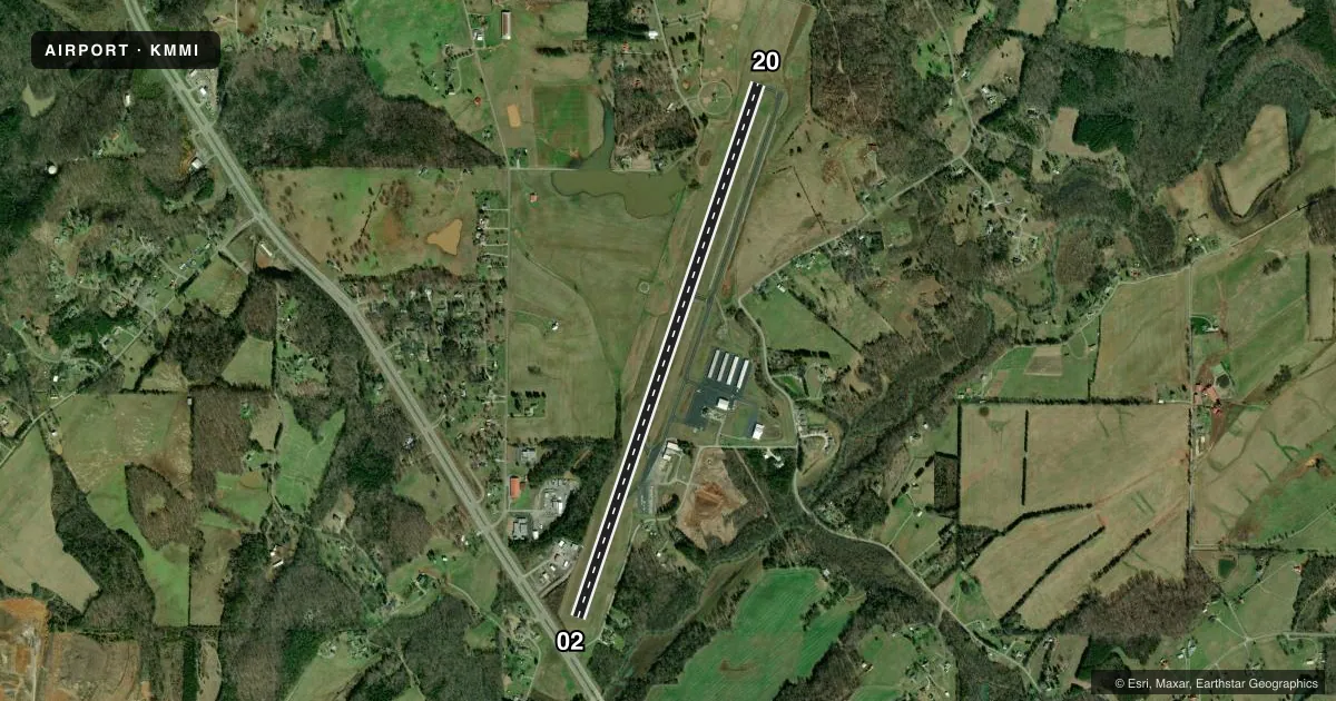 Top-down satellite sketch of KMMI MCMINN COUNTY in ATHENS, TENNESSEE, showing runways 02/20 drawn to scale over Esri World Imagery