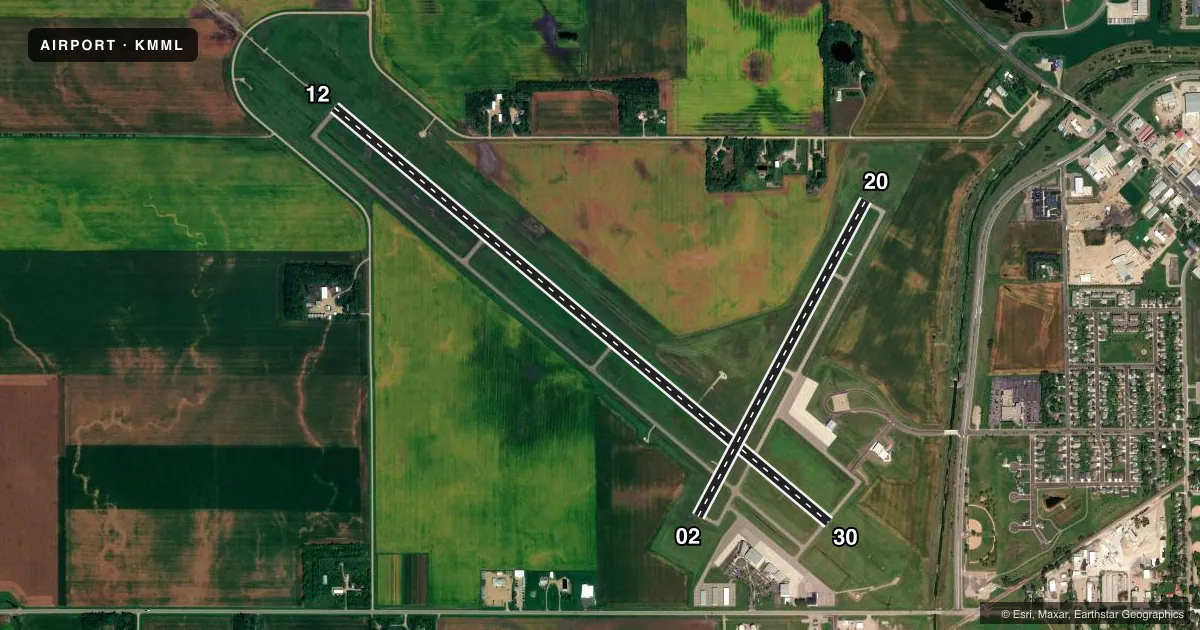 Top-down satellite sketch of KMML SOUTHWEST MINNESOTA RGNL MARSHALL/RYAN FLD in MARSHALL, MINNESOTA, showing runways 12/30, 02/20 drawn to scale over Esri World Imagery