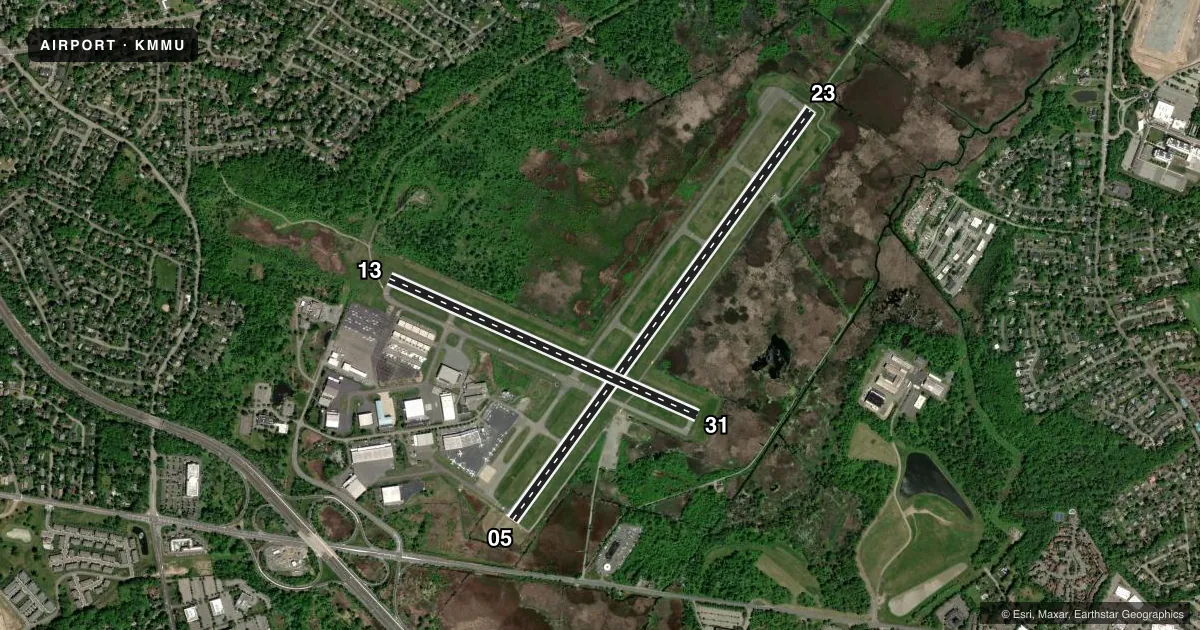 Top-down satellite sketch of KMMU MORRISTOWN MUNI in MORRISTOWN, NEW JERSEY, showing runways 05/23, 13/31 drawn to scale over Esri World Imagery