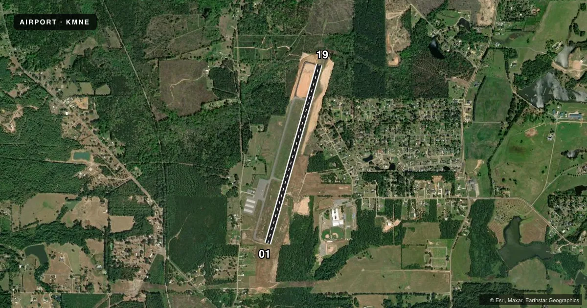 Top-down satellite sketch of KMNE MINDEN in MINDEN, LOUISIANA, showing runways 01/19 drawn to scale over Esri World Imagery