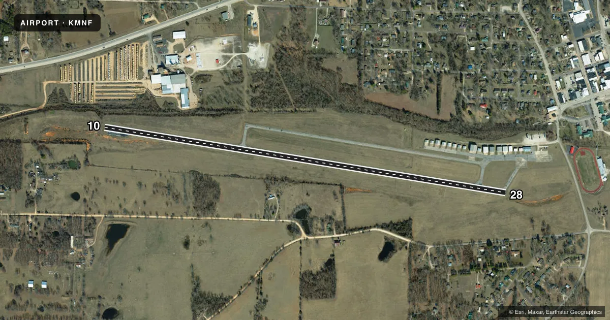 Top-down satellite sketch of KMNF MOUNTAIN VIEW in MOUNTAIN VIEW, MISSOURI, showing runways 10/28 drawn to scale over Esri World Imagery