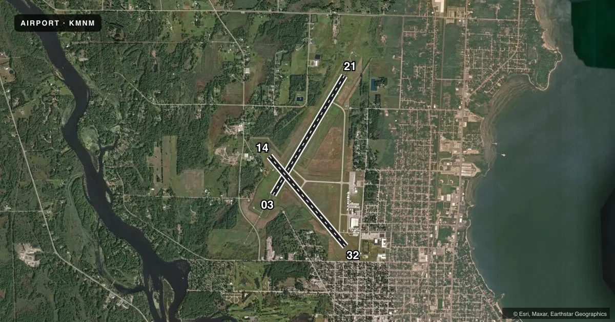 Top-down satellite sketch of KMNM MENOMINEE RGNL in MENOMINEE, MICHIGAN, showing runways 03/21, 14/32 drawn to scale over Esri World Imagery