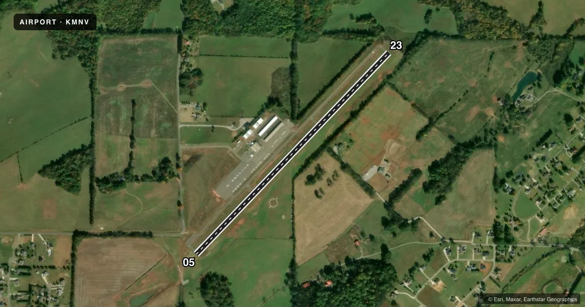 Top-down satellite sketch of KMNV MONROE COUNTY in MADISONVILLE, TENNESSEE, showing runways 05/23 drawn to scale over Esri World Imagery