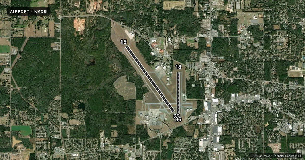 Top-down satellite sketch of KMOB MOBILE RGNL in MOBILE, ALABAMA, showing runways 15/33, 18/36 drawn to scale over Esri World Imagery