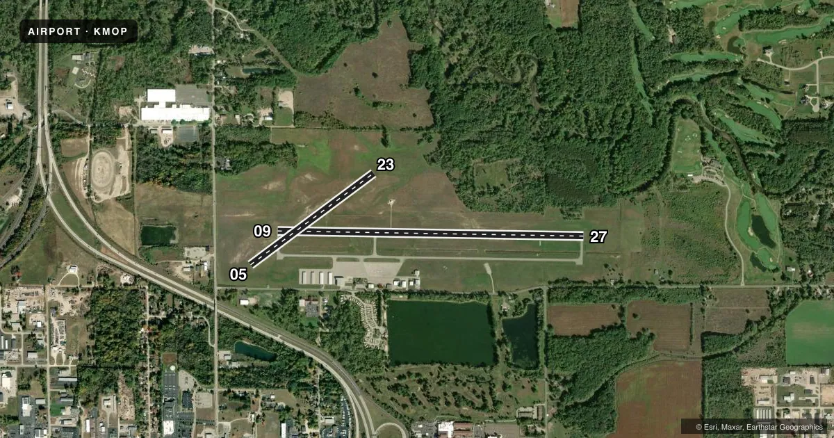 Top-down satellite sketch of KMOP MOUNT PLEASANT MUNI in MOUNT PLEASANT, MICHIGAN, showing runways 09/27, 05/23 drawn to scale over Esri World Imagery