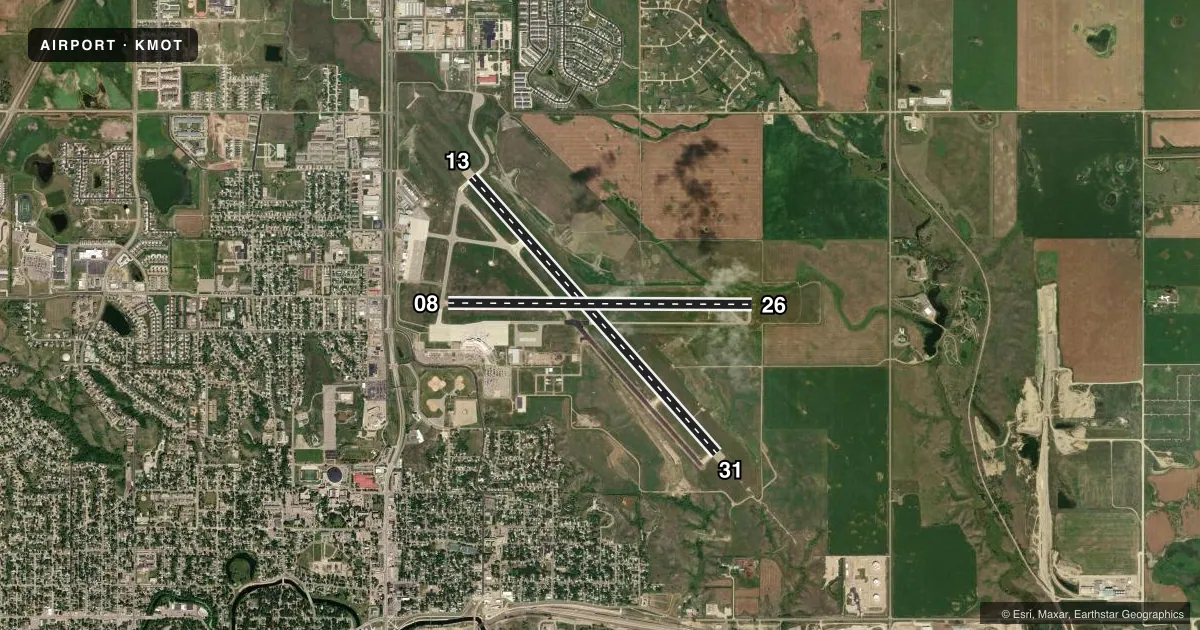 Top-down satellite sketch of KMOT MINOT INTL in MINOT, NORTH DAKOTA, showing runways 13/31, 08/26 drawn to scale over Esri World Imagery