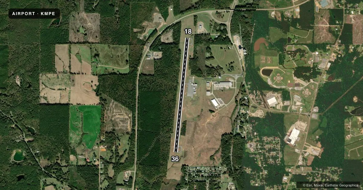 Top-down satellite sketch of KMPE PHILADELPHIA MUNI in PHILADELPHIA, MISSISSIPPI, showing runways 18/36 drawn to scale over Esri World Imagery