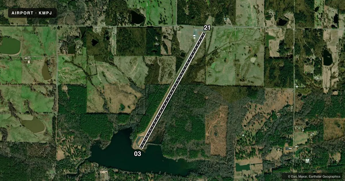 Top-down satellite sketch of KMPJ PETIT JEAN PARK in MORRILTON, ARKANSAS, showing runways 03/21 drawn to scale over Esri World Imagery