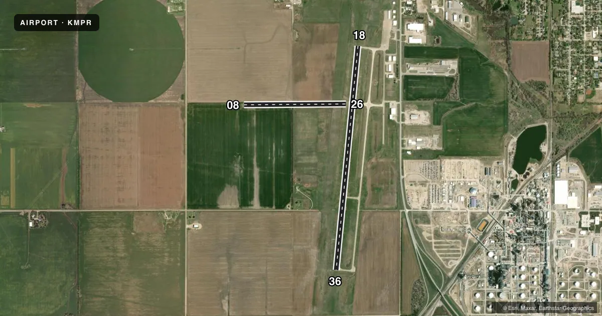 Top-down satellite sketch of KMPR MC PHERSON in MC PHERSON, KANSAS, showing runways 18/36, 08/26 drawn to scale over Esri World Imagery