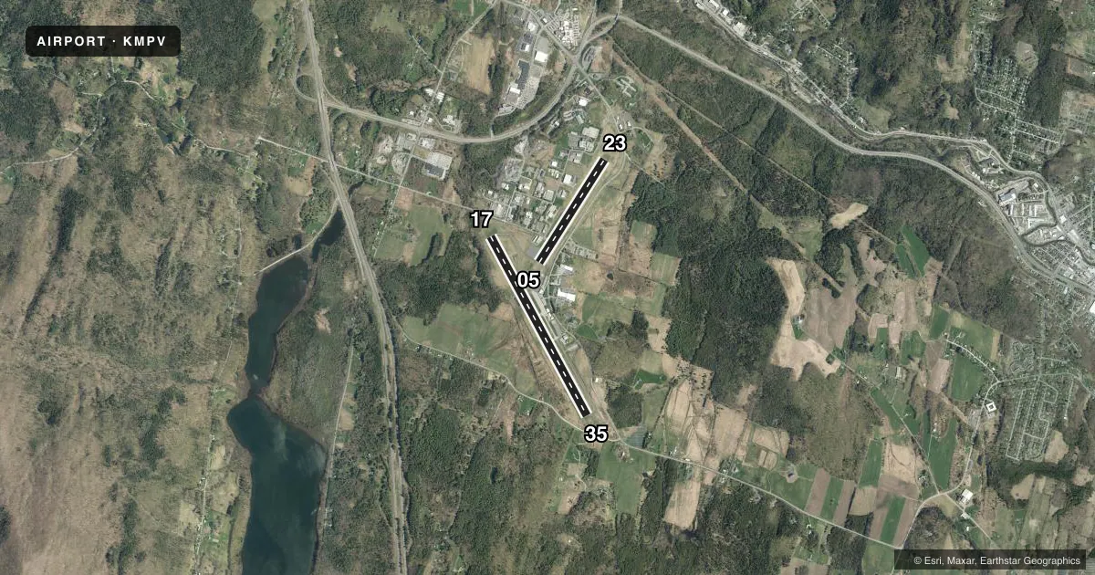 Top-down satellite sketch of KMPV EDWARD F KNAPP STATE in BARRE/MONTPELIER, VERMONT, showing runways 17/35, 05/23 drawn to scale over Esri World Imagery