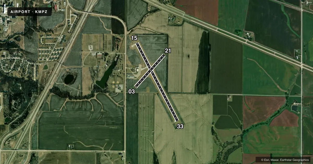 Top-down satellite sketch of KMPZ MOUNT PLEASANT MUNI in MOUNT PLEASANT, IOWA, showing runways 15/33, 03/21 drawn to scale over Esri World Imagery