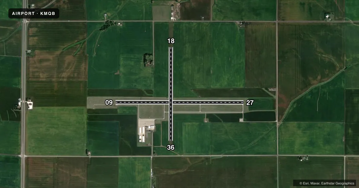 Top-down satellite sketch of KMQB MACOMB MUNI in MACOMB, ILLINOIS, showing runways 09/27, 18/36 drawn to scale over Esri World Imagery