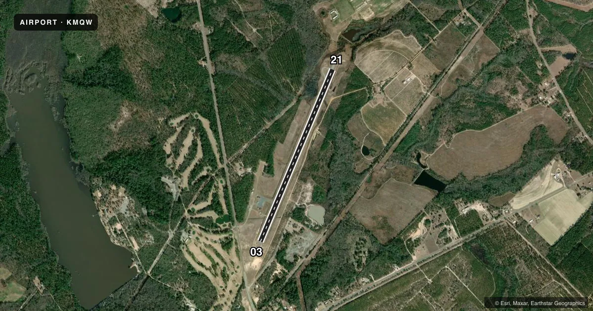 Top-down satellite sketch of KMQW TELFAIR-WHEELER in MC RAE, GEORGIA, showing runways 03/21 drawn to scale over Esri World Imagery