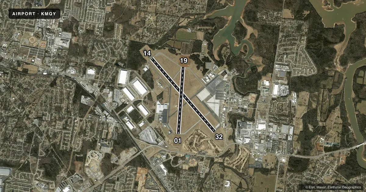 Top-down satellite sketch of KMQY SMYRNA in SMYRNA, TENNESSEE, showing runways 14/32, 01/19 drawn to scale over Esri World Imagery