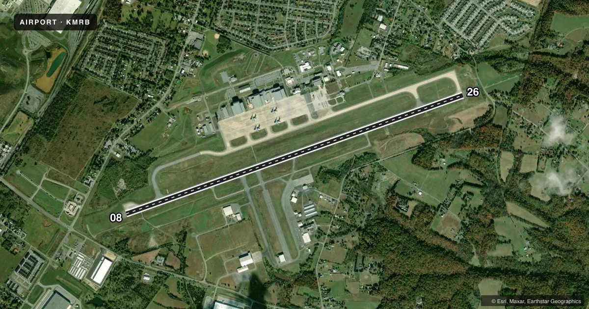 Top-down satellite sketch of KMRB EASTERN WV RGNL/SHEPHERD FLD in MARTINSBURG, WEST VIRGINIA, showing runways 08/26 drawn to scale over Esri World Imagery
