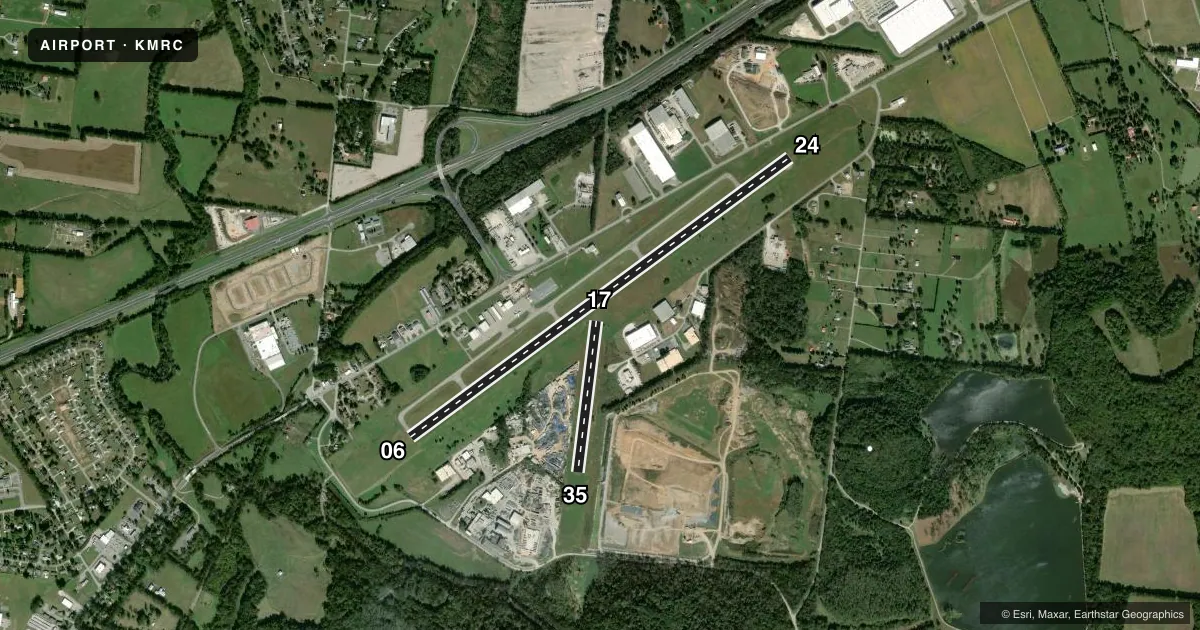 Top-down satellite sketch of KMRC MAURY COUNTY RGNL in COLUMBIA/MOUNT PLEASANT, TENNESSEE, showing runways 06/24, 17/35 drawn to scale over Esri World Imagery