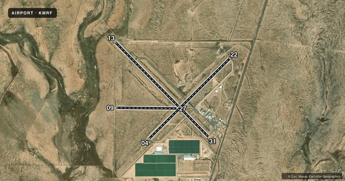 Top-down satellite sketch of KMRF MARFA MUNI in MARFA, TEXAS, showing runways 13/31, 04/22, 09/27 drawn to scale over Esri World Imagery