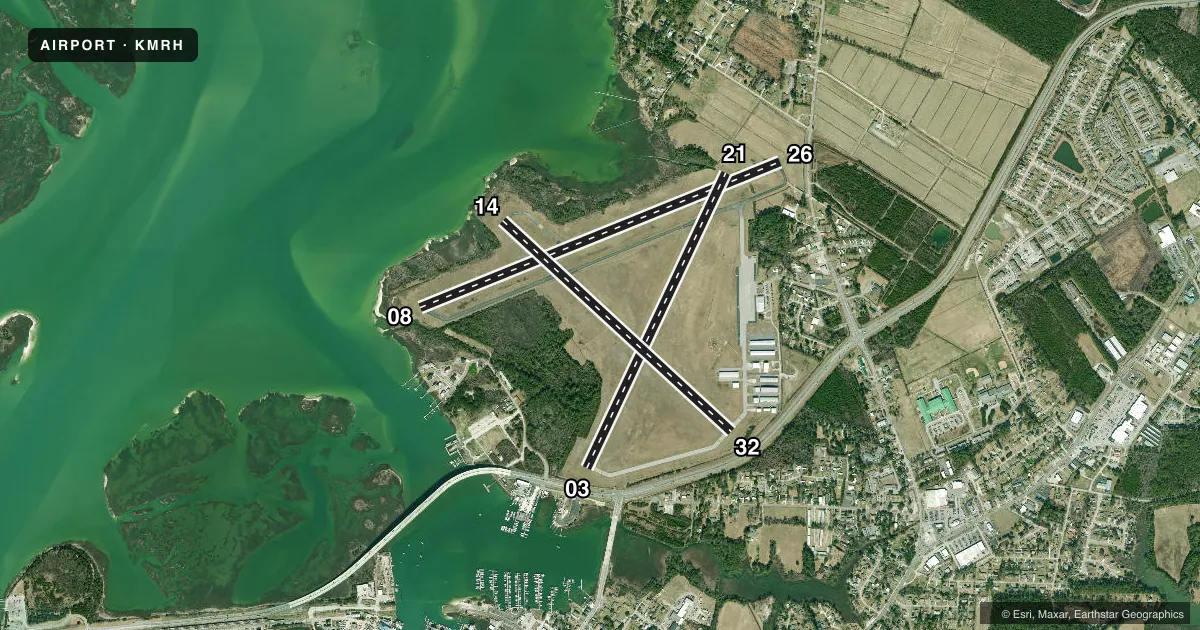Top-down satellite sketch of KMRH MICHAEL J SMITH FLD in BEAUFORT, NORTH CAROLINA, showing runways 08/26, 03/21, 14/32 drawn to scale over Esri World Imagery