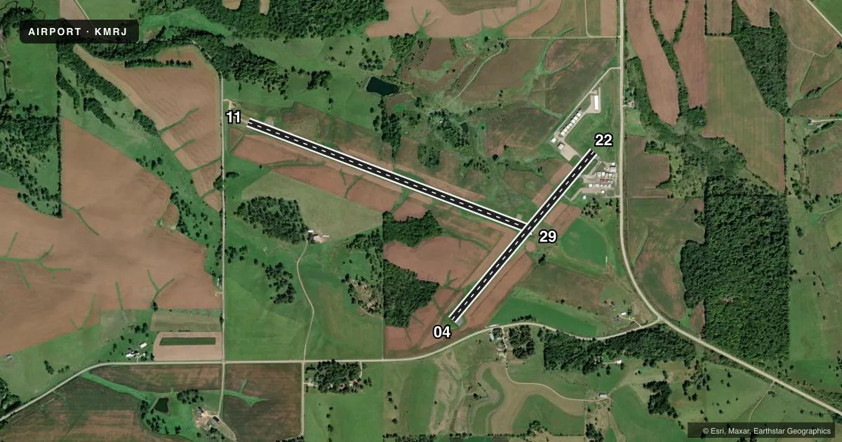 Top-down satellite sketch of KMRJ IOWA COUNTY in MINERAL POINT, WISCONSIN, showing runways 11/29, 04/22 drawn to scale over Esri World Imagery