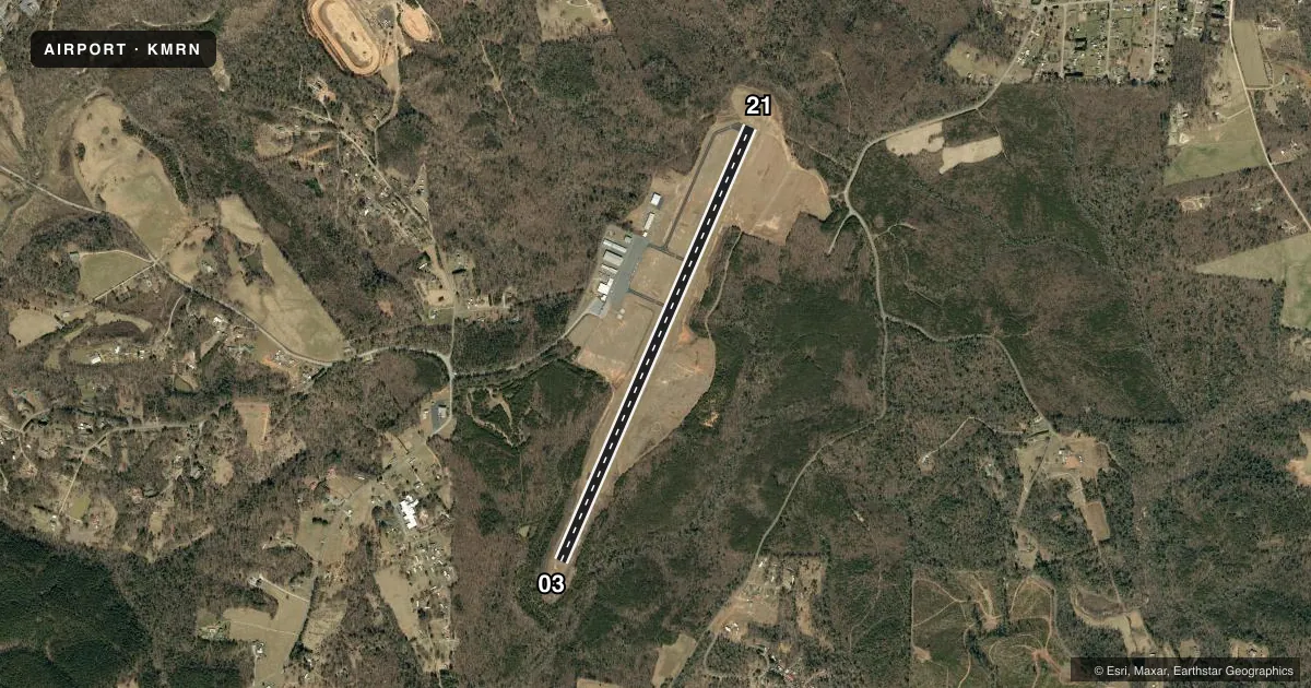 Top-down satellite sketch of KMRN FOOTHILLS RGNL in MORGANTON, NORTH CAROLINA, showing runways 03/21 drawn to scale over Esri World Imagery