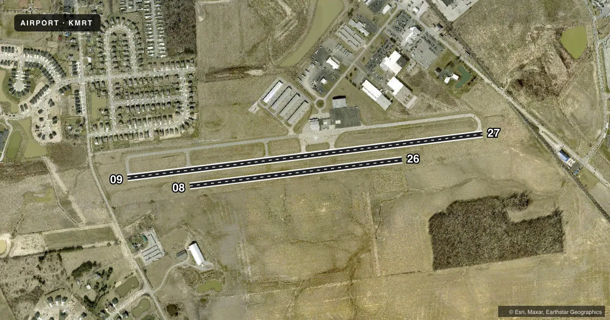 Top-down satellite sketch of KMRT UNION COUNTY in MARYSVILLE, OHIO, showing runways 09/27, 08/26 drawn to scale over Esri World Imagery