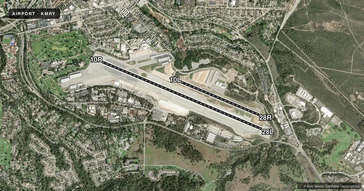 Top-down satellite sketch of KMRY MONTEREY RGNL in MONTEREY, CALIFORNIA, showing runways 10R/28L, 10L/28R drawn to scale over Esri World Imagery
