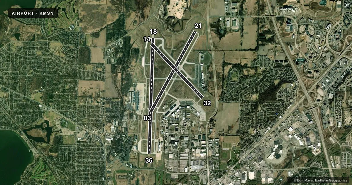 Top-down satellite sketch of KMSN DANE COUNTY RGNL/TRUAX FLD in MADISON, WISCONSIN, showing runways 18/36, 03/21, 14/32 drawn to scale over Esri World Imagery