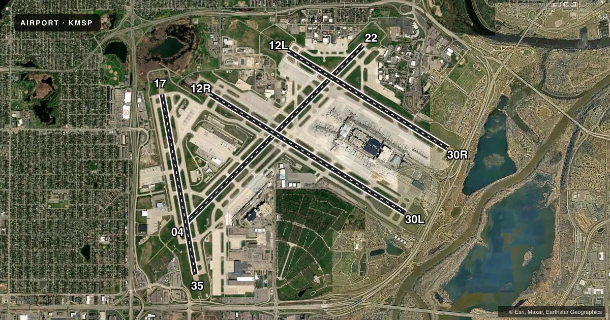 Top-down satellite sketch of KMSP MINNEAPOLIS-ST PAUL INTL/WOLD-CHAMBERLAIN in MINNEAPOLIS, MINNESOTA, showing runways 04/22, 12R/30L, 12L/30R, 17/35 drawn to scale over Esri World Imagery