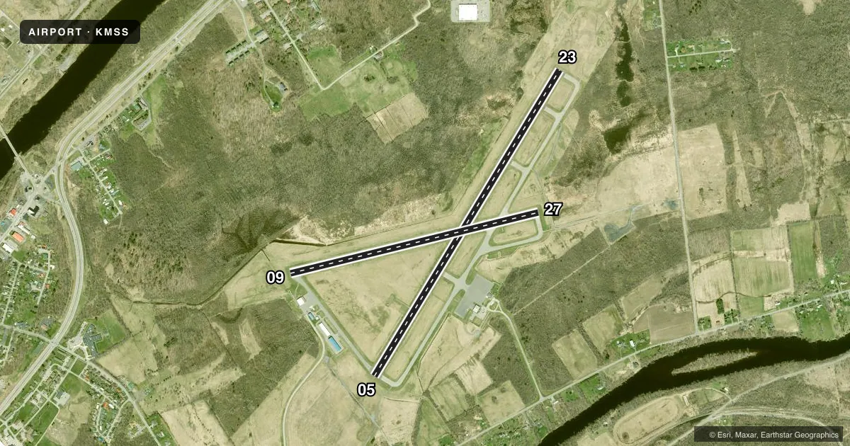 Top-down satellite sketch of KMSS MASSENA INTL-RICHARDS FLD in MASSENA, NEW YORK, showing runways 05/23, 09/27 drawn to scale over Esri World Imagery