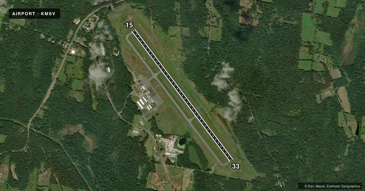 Top-down satellite sketch of KMSV SULLIVAN COUNTY INTL in MONTICELLO, NEW YORK, showing runways 15/33 drawn to scale over Esri World Imagery