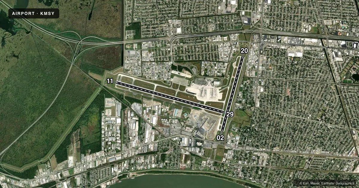Top-down satellite sketch of KMSY LOUIS ARMSTRONG NEW ORLEANS INTL in NEW ORLEANS, LOUISIANA, showing runways 11/29, 02/20 drawn to scale over Esri World Imagery