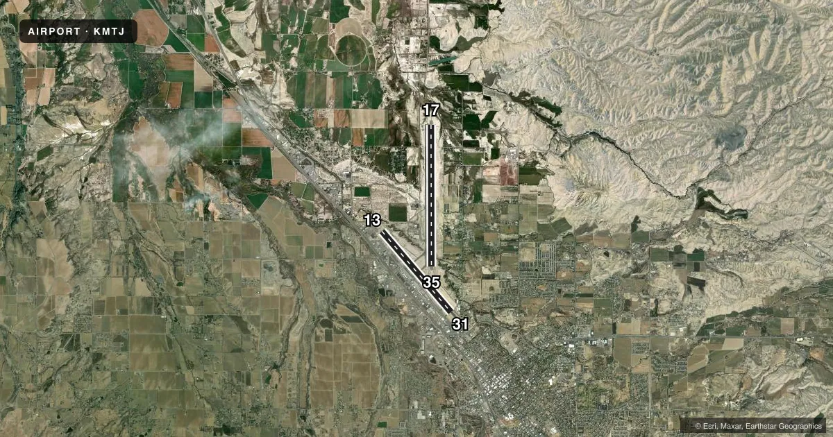Top-down satellite sketch of KMTJ MONTROSE RGNL in MONTROSE, COLORADO, showing runways 17/35, 13/31 drawn to scale over Esri World Imagery