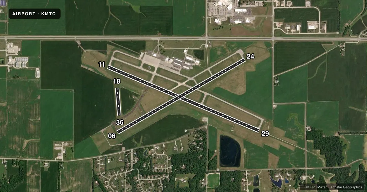 Top-down satellite sketch of KMTO COLES COUNTY MEML in MATTOON/CHARLESTON, ILLINOIS, showing runways 11/29, 06/24, 18/36 drawn to scale over Esri World Imagery