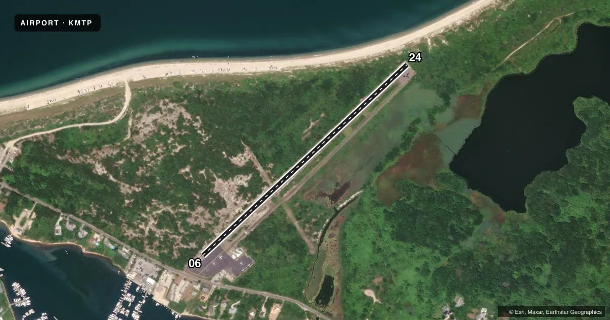 Top-down satellite sketch of KMTP MONTAUK in MONTAUK, NEW YORK, showing runways 06/24 drawn to scale over Esri World Imagery