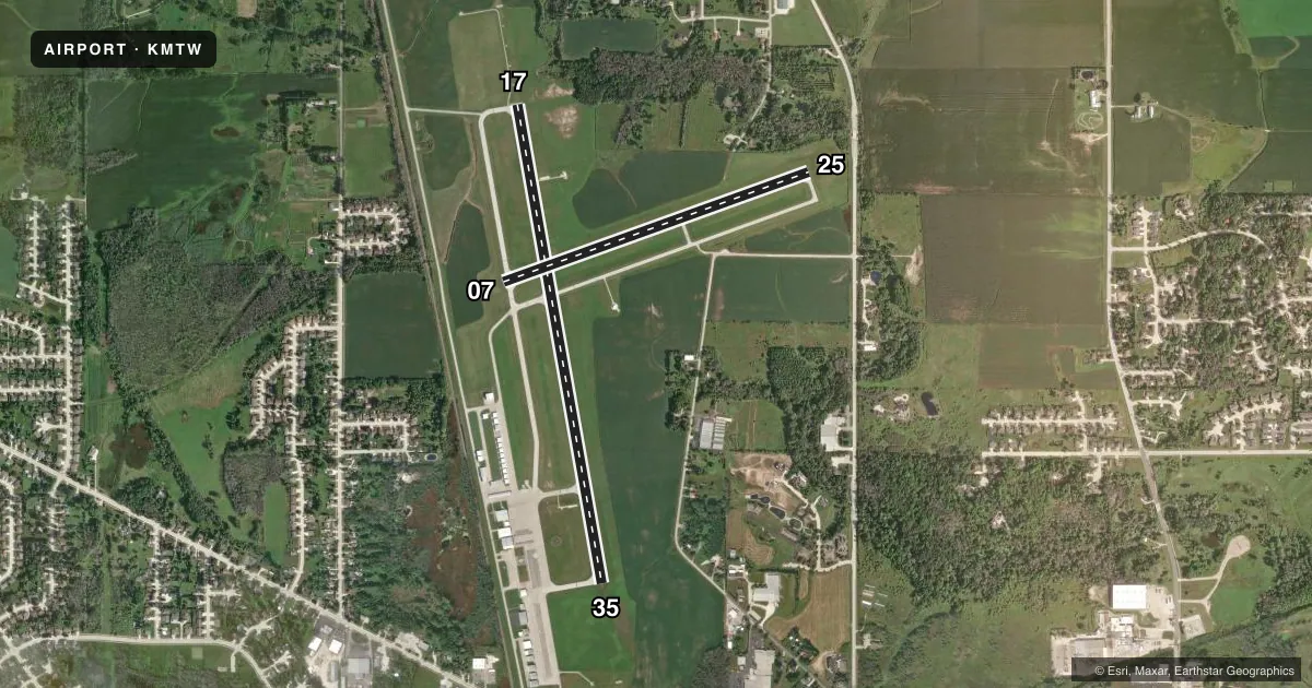 Top-down satellite sketch of KMTW MANITOWOC COUNTY in MANITOWOC, WISCONSIN, showing runways 17/35, 07/25 drawn to scale over Esri World Imagery