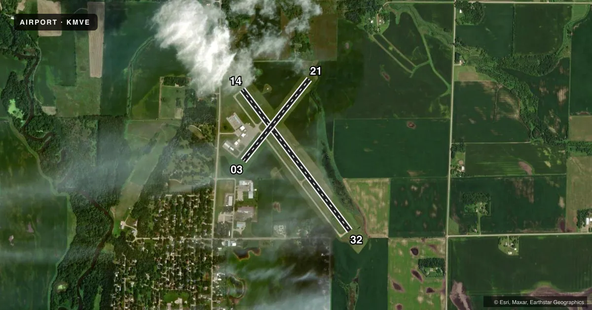 Top-down satellite sketch of KMVE MONTEVIDEO-CHIPPEWA COUNTY in MONTEVIDEO, MINNESOTA, showing runways 14/32, 03/21 drawn to scale over Esri World Imagery