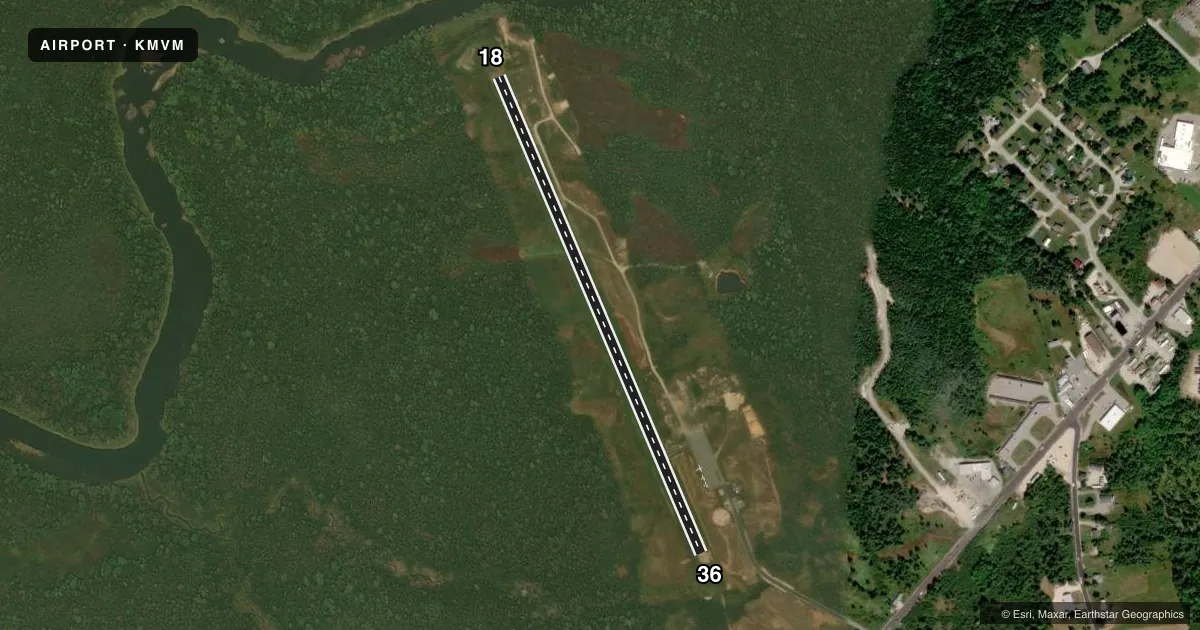 Top-down satellite sketch of KMVM MACHIAS VALLEY in MACHIAS, MAINE, showing runways 18/36 drawn to scale over Esri World Imagery
