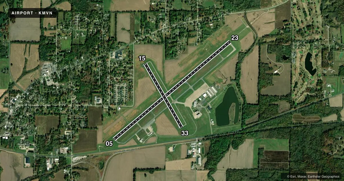 Top-down satellite sketch of KMVN MOUNT VERNON in MOUNT VERNON, ILLINOIS, showing runways 05/23, 15/33 drawn to scale over Esri World Imagery