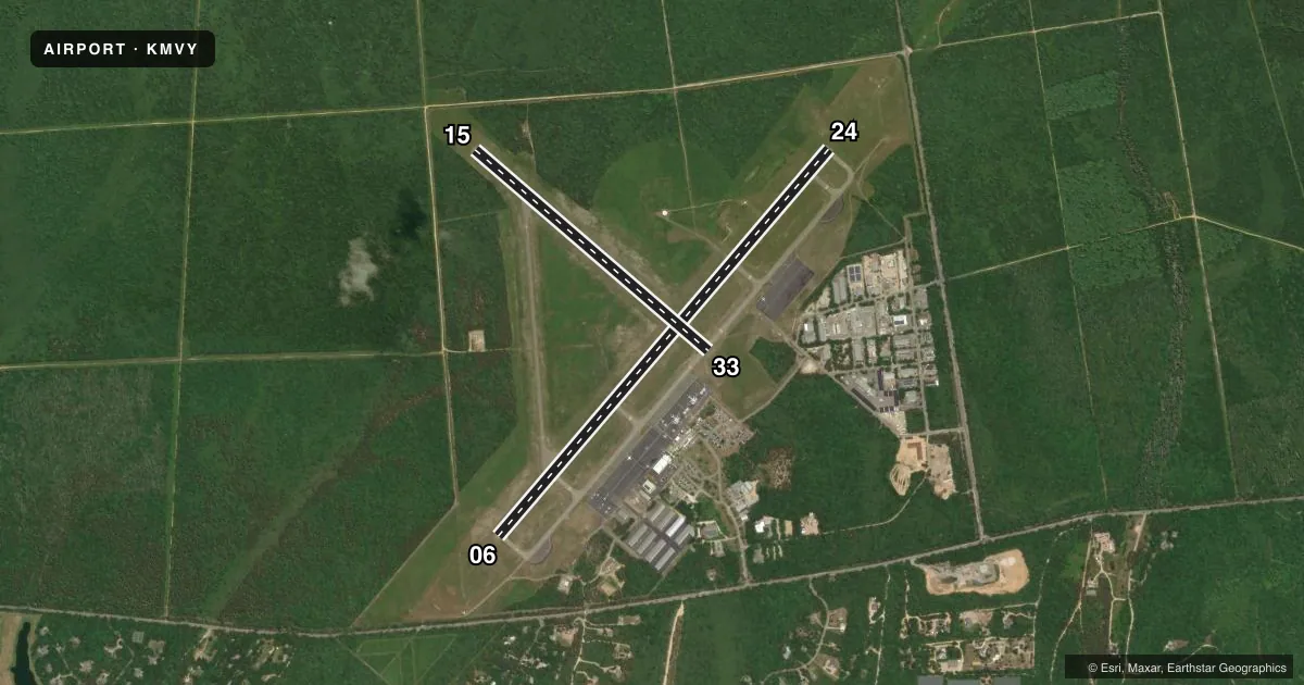 Top-down satellite sketch of KMVY MARTHA'S VINEYARD in VINEYARD HAVEN, MASSACHUSETTS, showing runways 06/24, 15/33 drawn to scale over Esri World Imagery