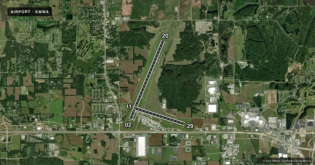 Top-down satellite sketch of KMWA VETERANS AIRPORT OF SOUTHERN ILLINOIS in MARION, ILLINOIS, showing runways 02/20, 11/29 drawn to scale over Esri World Imagery