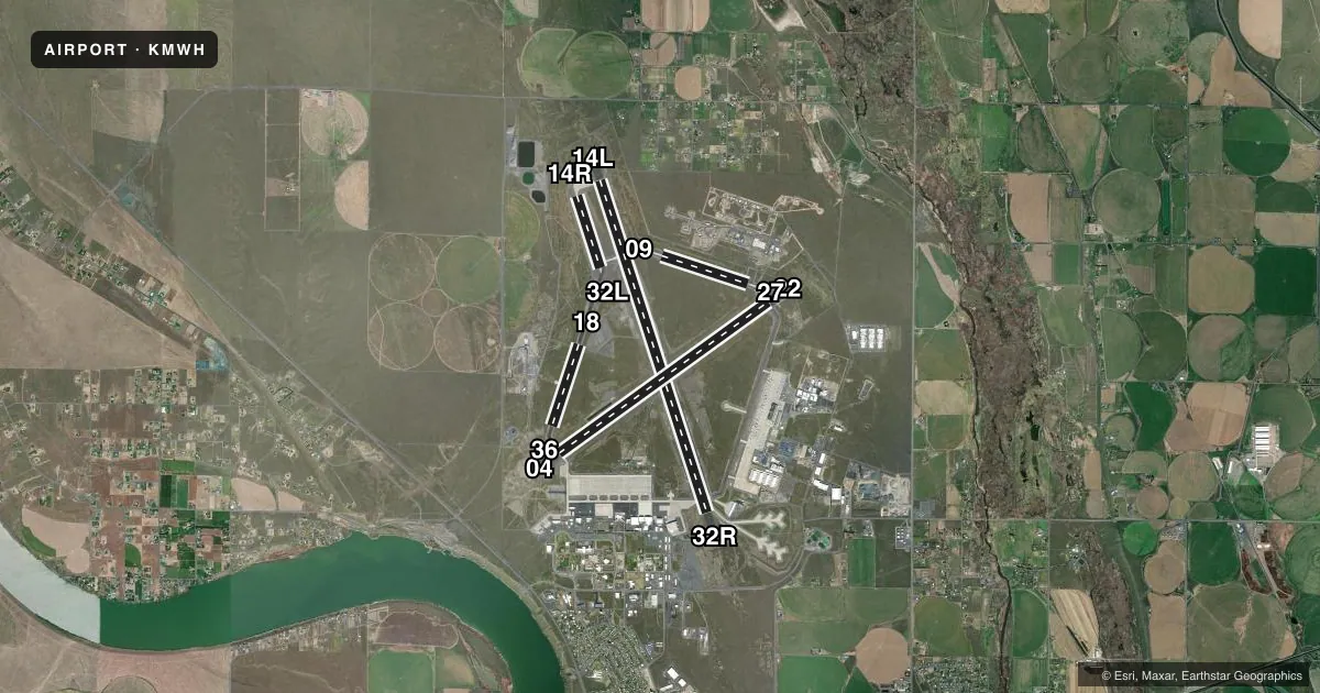 Top-down satellite sketch of KMWH GRANT COUNTY INTL in MOSES LAKE, WASHINGTON, showing runways 14L/32R, 04/22, 09/27, 18/36, 14R/32L drawn to scale over Esri World Imagery