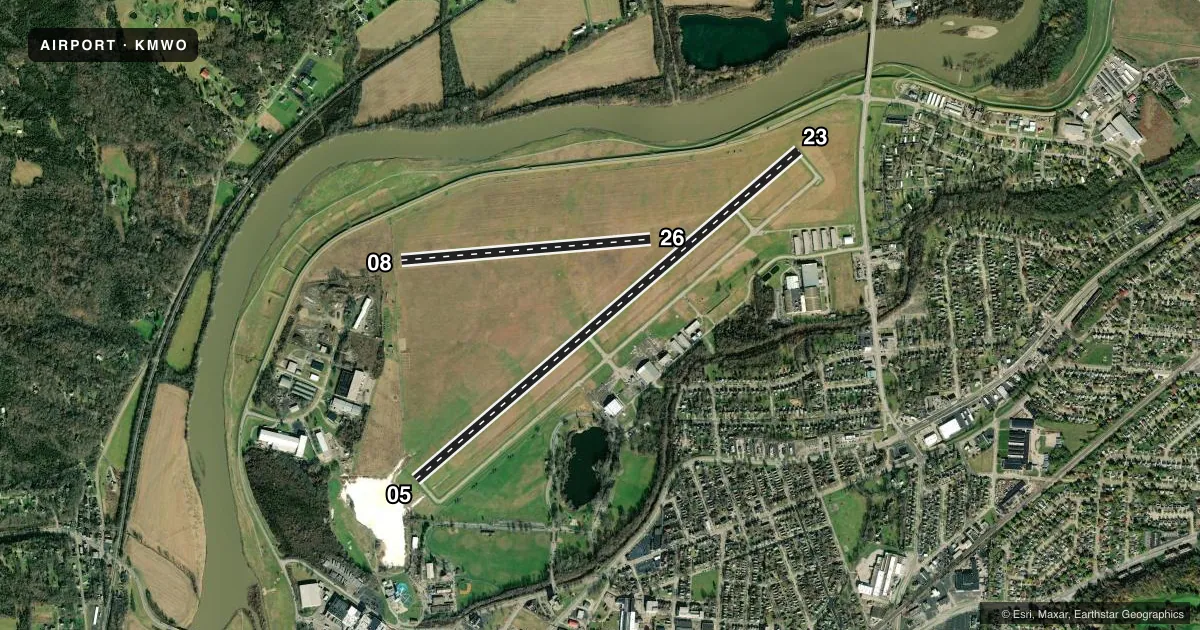 Top-down satellite sketch of KMWO MIDDLETOWN RGNL/HOOK FLD in MIDDLETOWN, OHIO, showing runways 05/23, 08/26 drawn to scale over Esri World Imagery