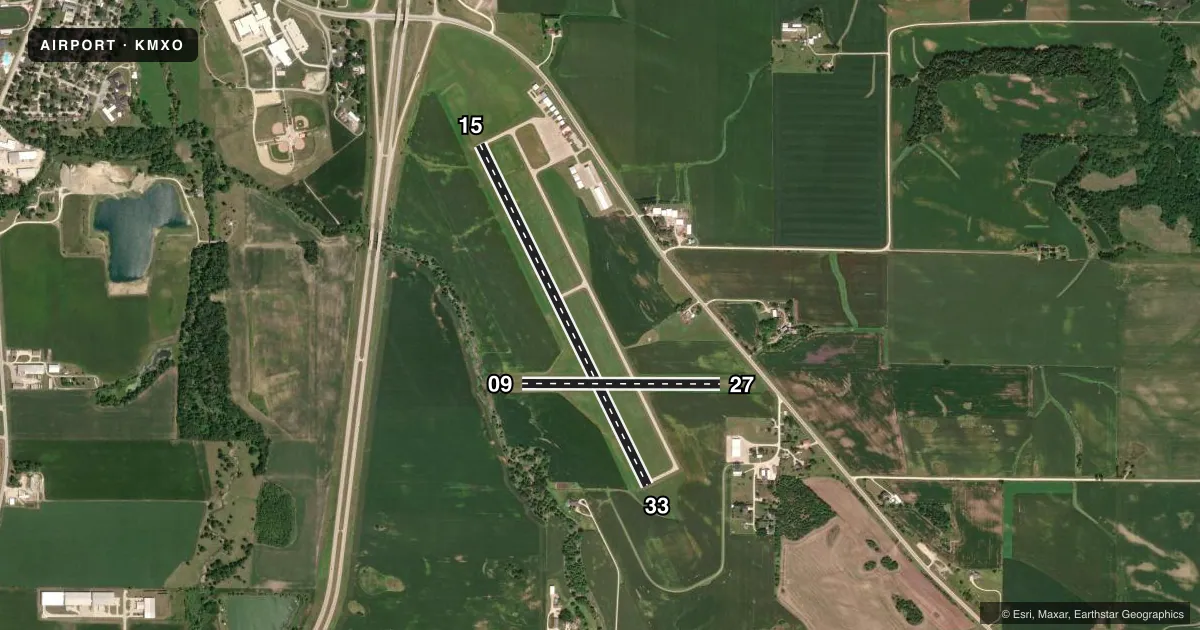 Top-down satellite sketch of KMXO MONTICELLO RGNL in MONTICELLO, IOWA, showing runways 15/33, 09/27 drawn to scale over Esri World Imagery