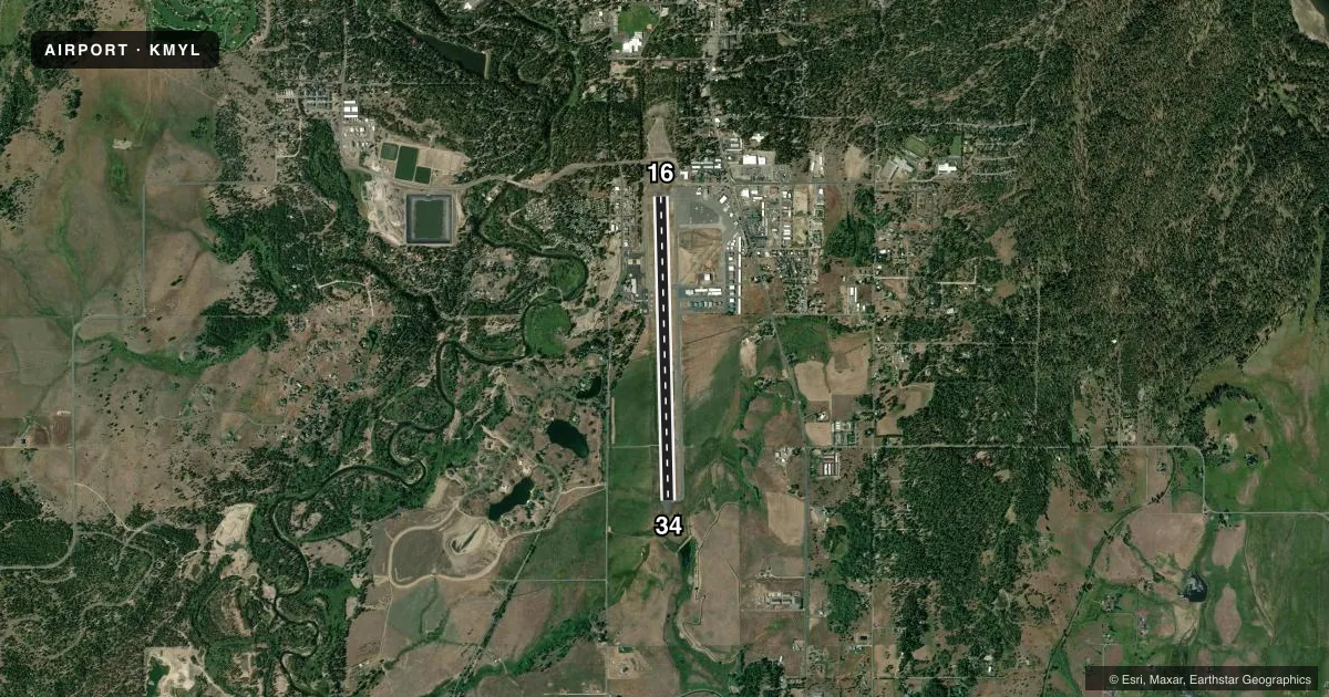 Top-down satellite sketch of KMYL MC CALL MUNI in MC CALL, IDAHO, showing runways 16/34 drawn to scale over Esri World Imagery