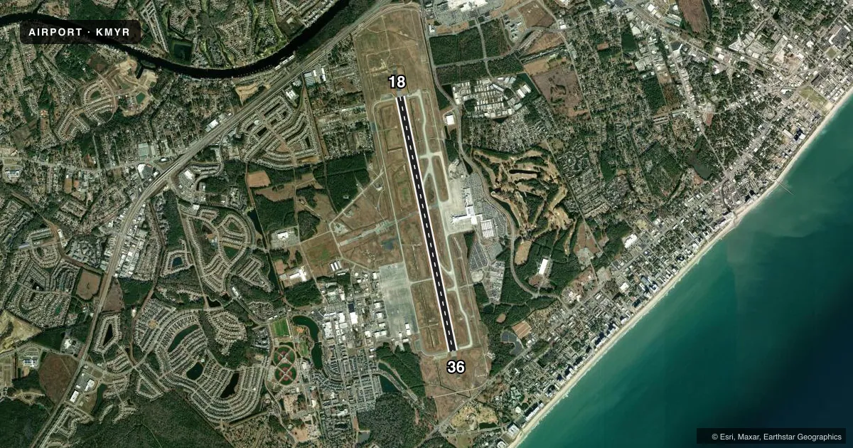 Top-down satellite sketch of KMYR MYRTLE BEACH INTL in MYRTLE BEACH, SOUTH CAROLINA, showing runways 18/36 drawn to scale over Esri World Imagery