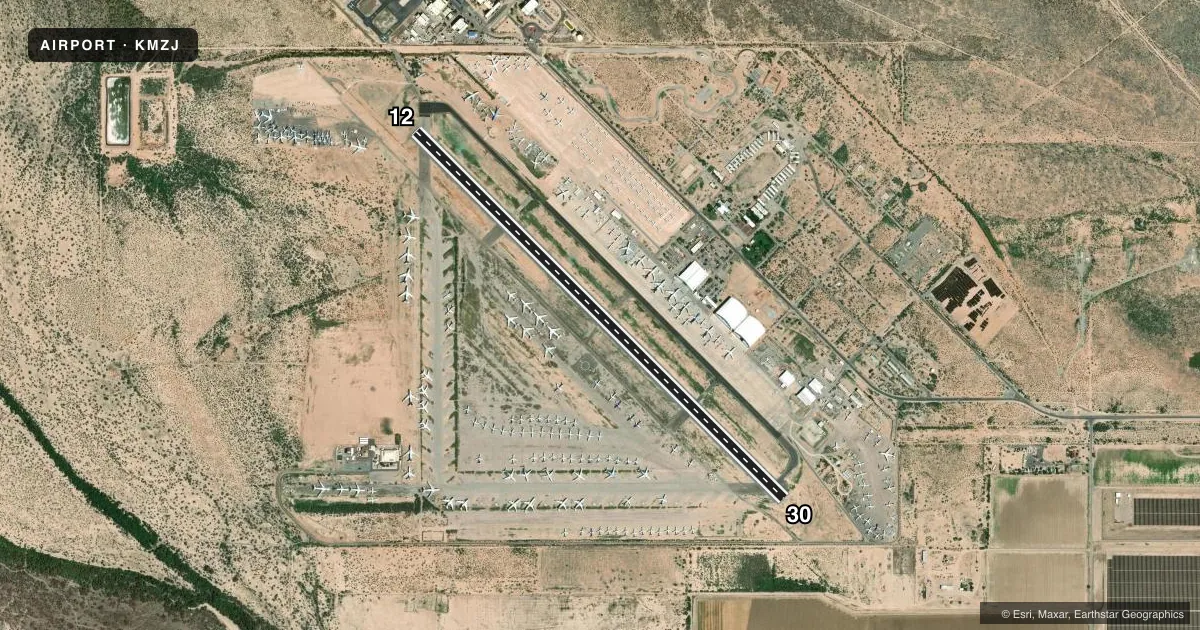 Top-down satellite sketch of KMZJ PINAL AIRPARK in MARANA, ARIZONA, showing runways 12/30 drawn to scale over Esri World Imagery