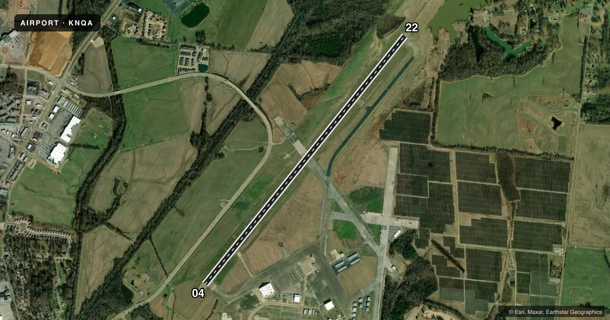 Top-down satellite sketch of KNQA MILLINGTON/MEMPHIS in MILLINGTON, TENNESSEE, showing runways 04/22 drawn to scale over Esri World Imagery