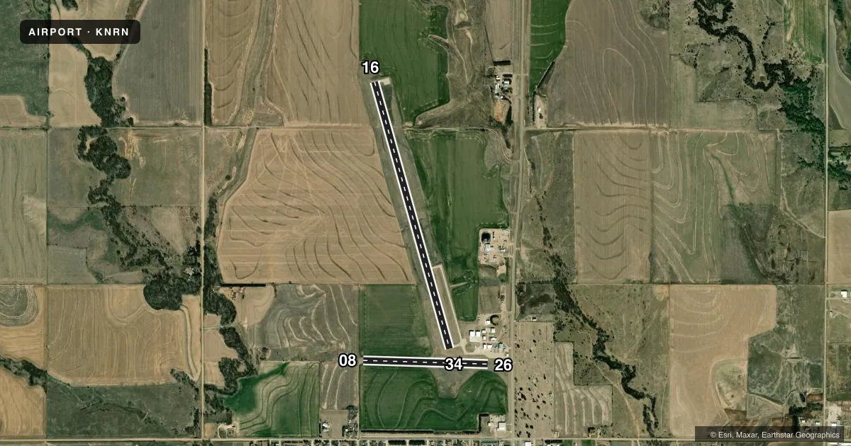 Top-down satellite sketch of KNRN NORTON MUNI in NORTON, KANSAS, showing runways 16/34, 08/26 drawn to scale over Esri World Imagery