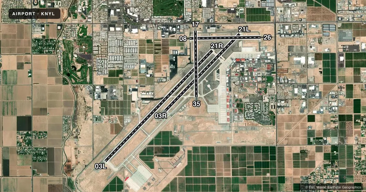 Top-down satellite sketch of KNYL YUMA MCAS/YUMA INTL in YUMA, ARIZONA, showing runways 03L/21R, 03R/21L, 08/26, 17/35 drawn to scale over Esri World Imagery